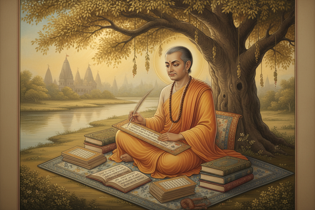 Painting of Rupa Goswami writing manuscripts under a tree beside the Yamuna