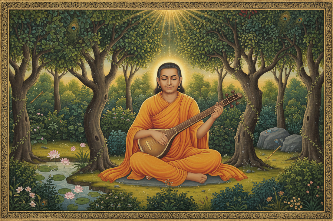 Painting of Swami Haridas playing the veena in a Vrindavan grove
