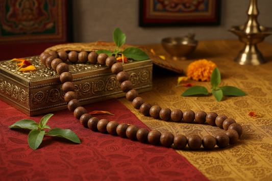 Tulsi mala laid on gold and red cloth beside a decorated gift box and brass lamps