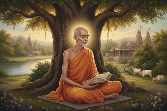 Painting of Sanatana Goswami reading beneath a large tree with cows and a peacock