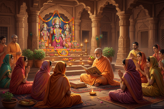 Painting of Raghunatha Bhatta Goswami reciting the Bhagavatam to devotees in a temple