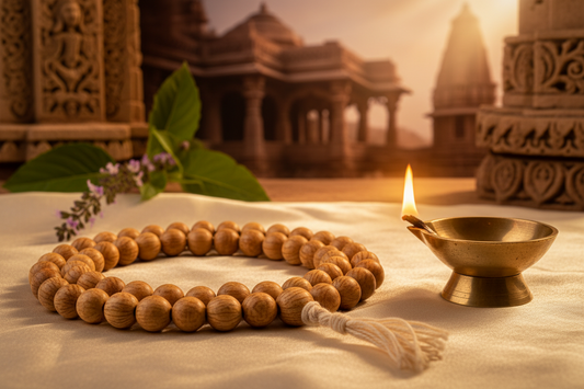 Brown bead mala with tassel beside a brass diya and tulsi sprig before temple carving