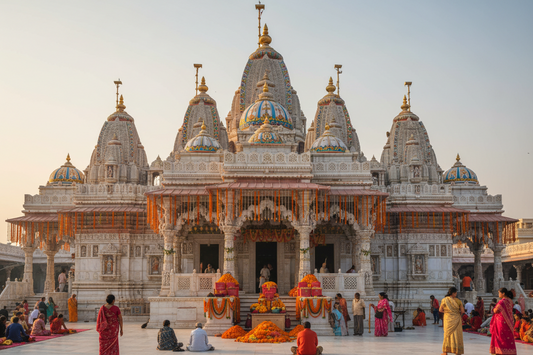 White marble Vrindavan temple with devotees and marigold garlands in the courtyard