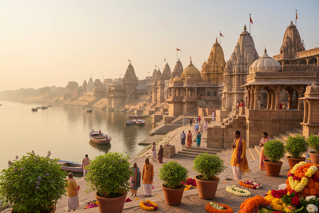 Vrindavan ghats along the Yamuna with temple spires, boats and marigolds