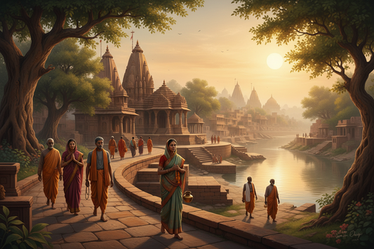 Pilgrims walking the Vrindavan parikrama path beside the river at sunrise