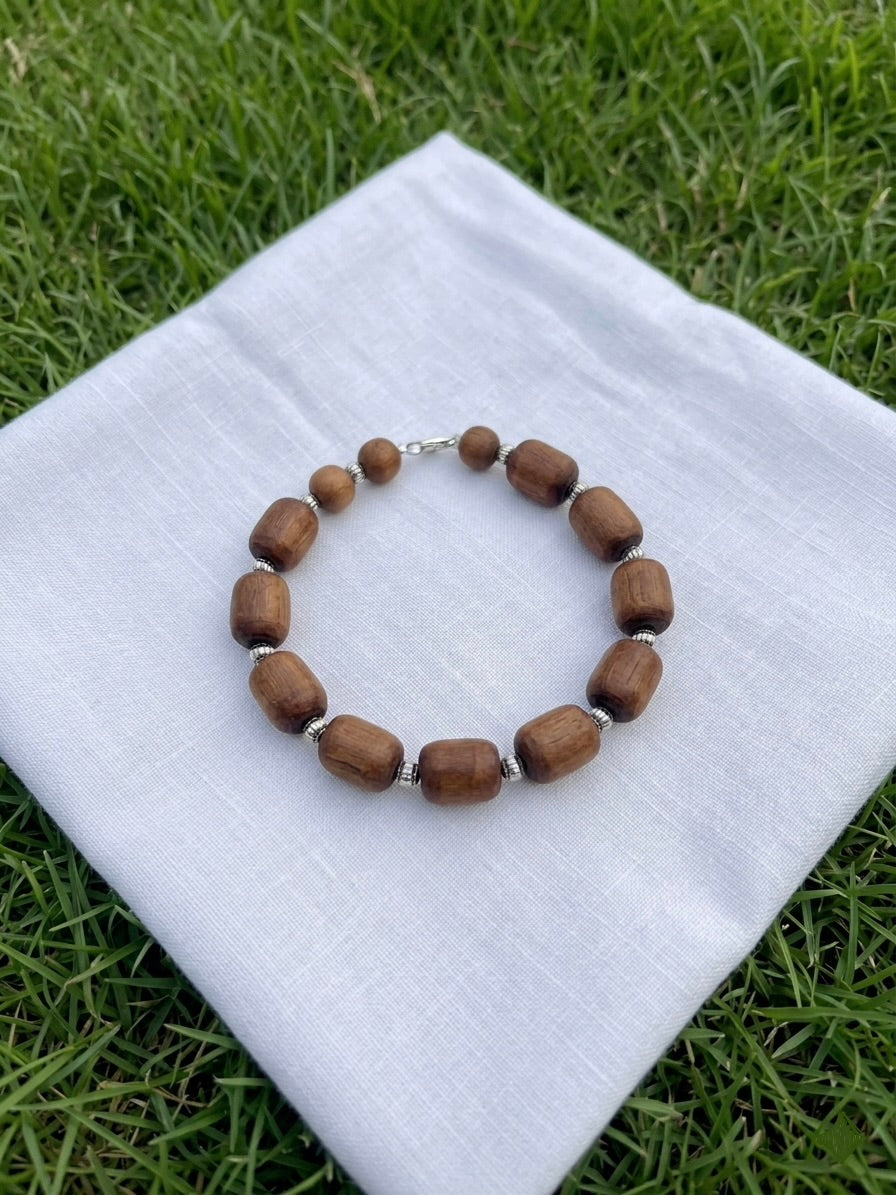 Tulsi Hand Bracelet Brown Long Beads with German Silver Beads