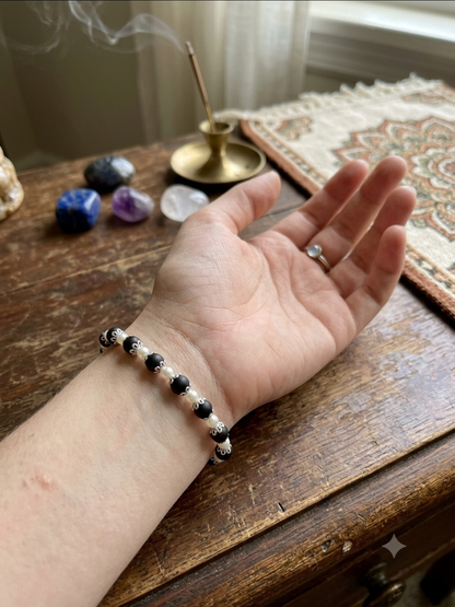Tulsi Hand Bracelet Black Round Beads with German Silver Caps