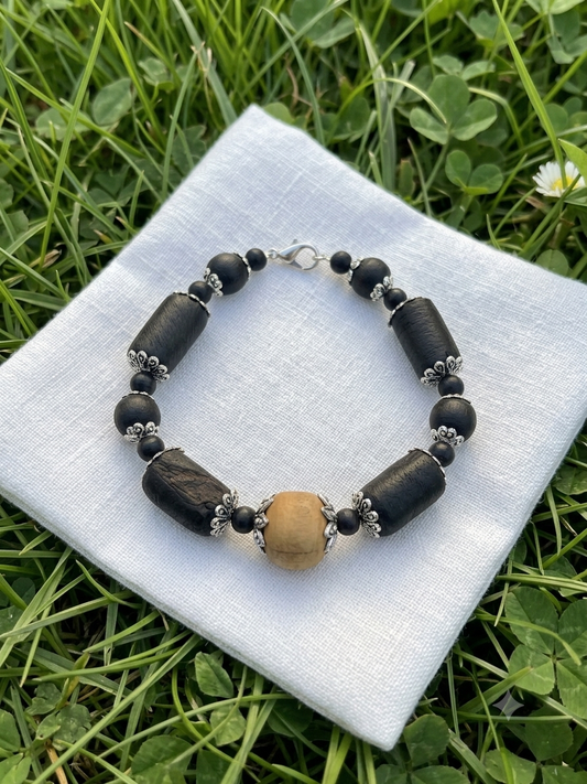 Tulsi Hand Bracelet Black Long Beads & German Silver Caps
