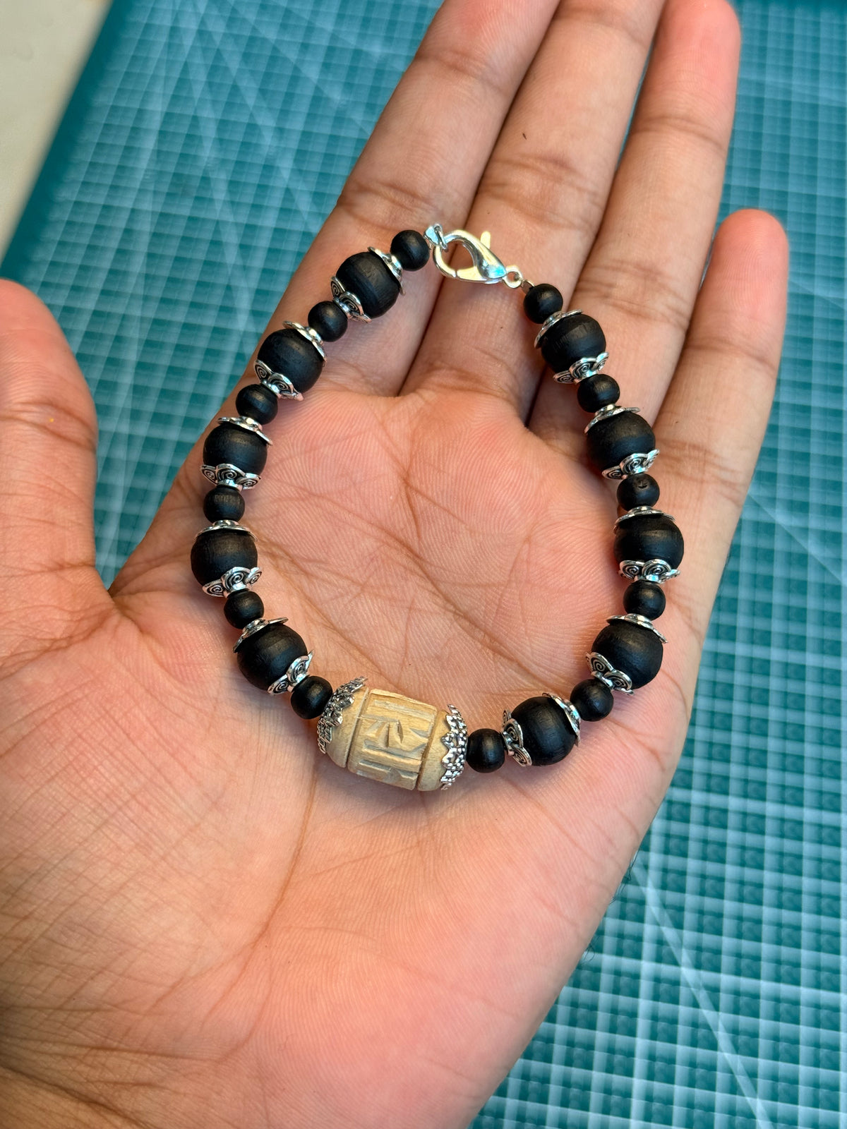 Tulsi Hand Bracelet Black Round Beads & German Silver Caps
