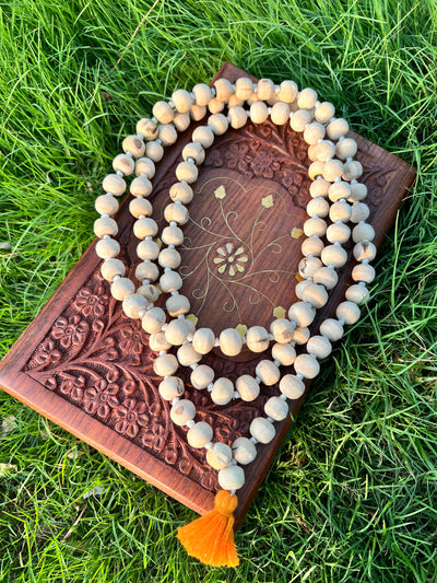 108+1 original Tulsi Beads Japa Mala with 10-12mm beads, natural Tulsi seeds, used for meditation and prayer, from Radhakund Prasadi.