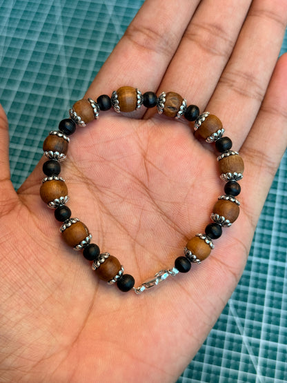 Tulsi Hand Bracelet Round Black Brown Beads & German Silver Caps