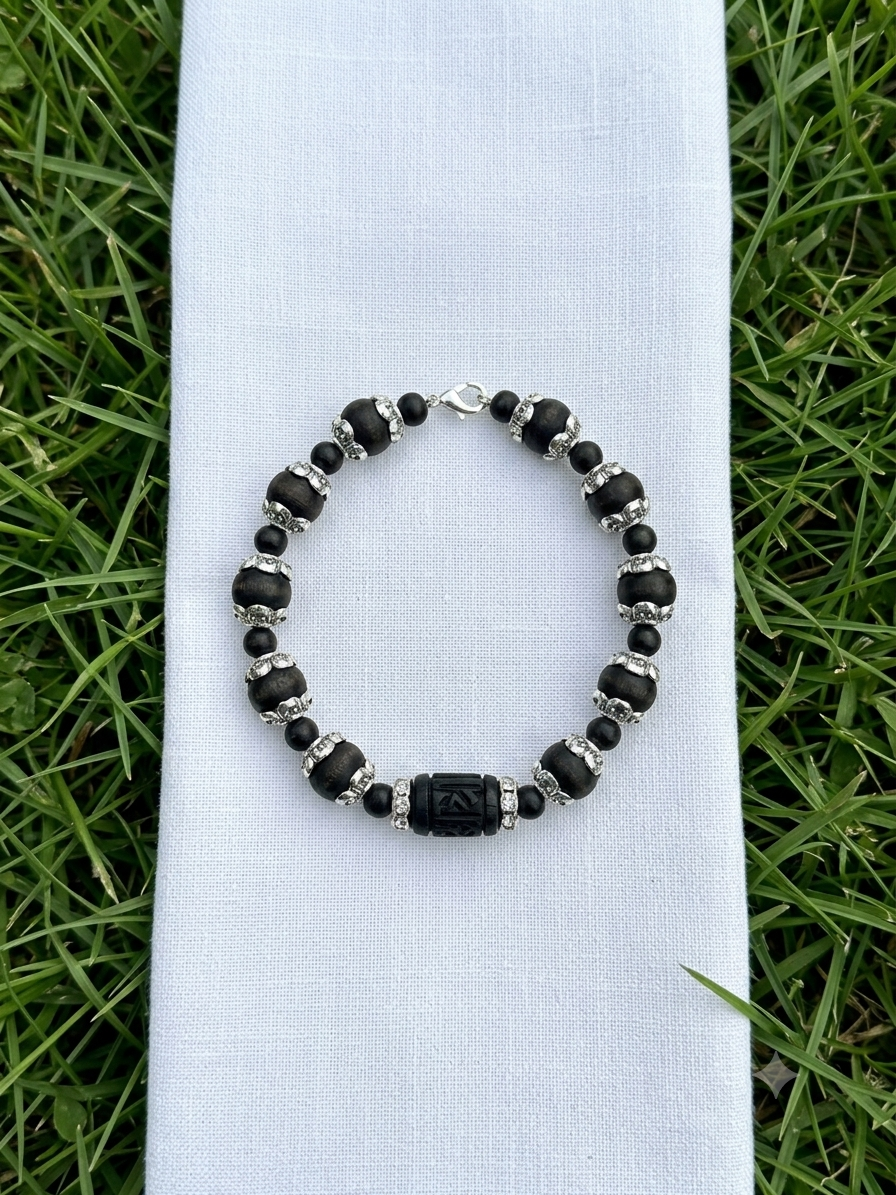 Tulsi Hand Bracelet Black Round Beads & German Silver Caps