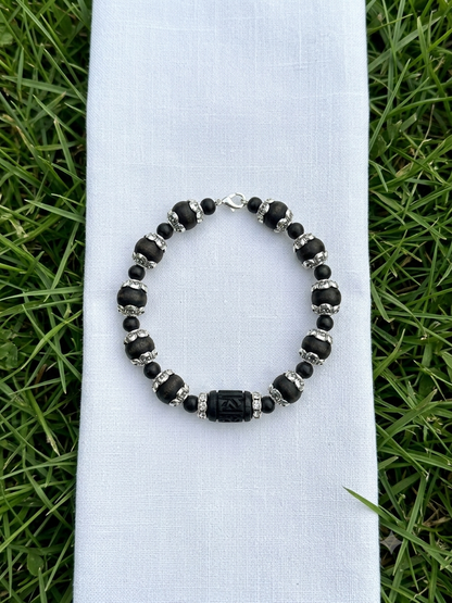 Tulsi Hand Bracelet Black Round Beads & German Silver Caps