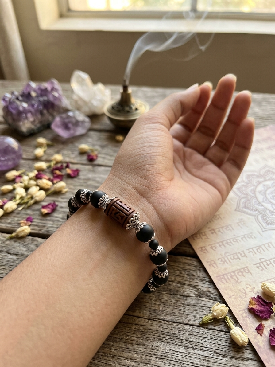 Tulsi Hand Bracelet Round Black Beads & German Silver Caps