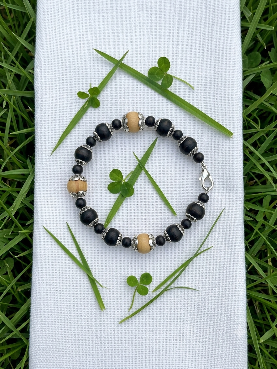 Tulsi Hand Bracelet Black Round Beads & German Silver caps