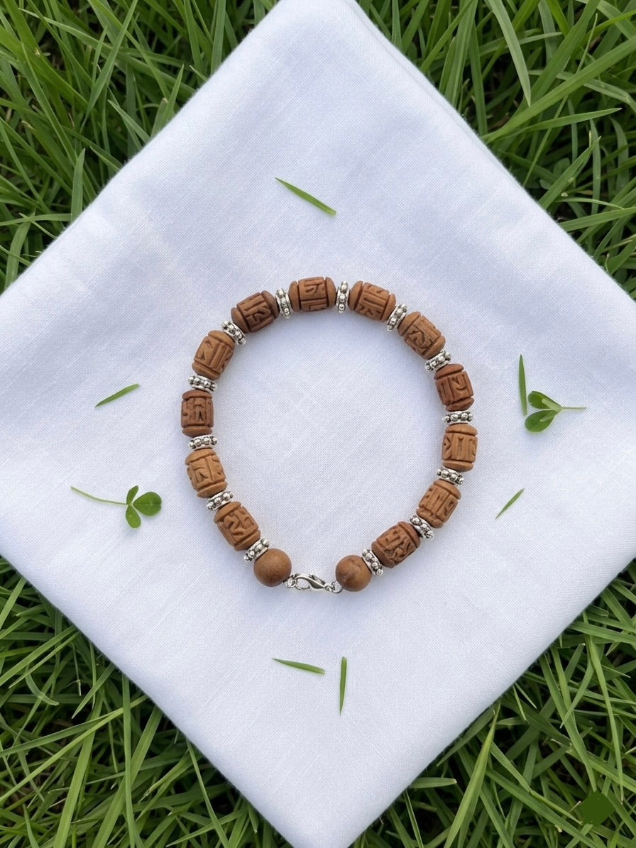 Tulsi Hand Bracelet Radha Name Brown Beads & German Silver caps