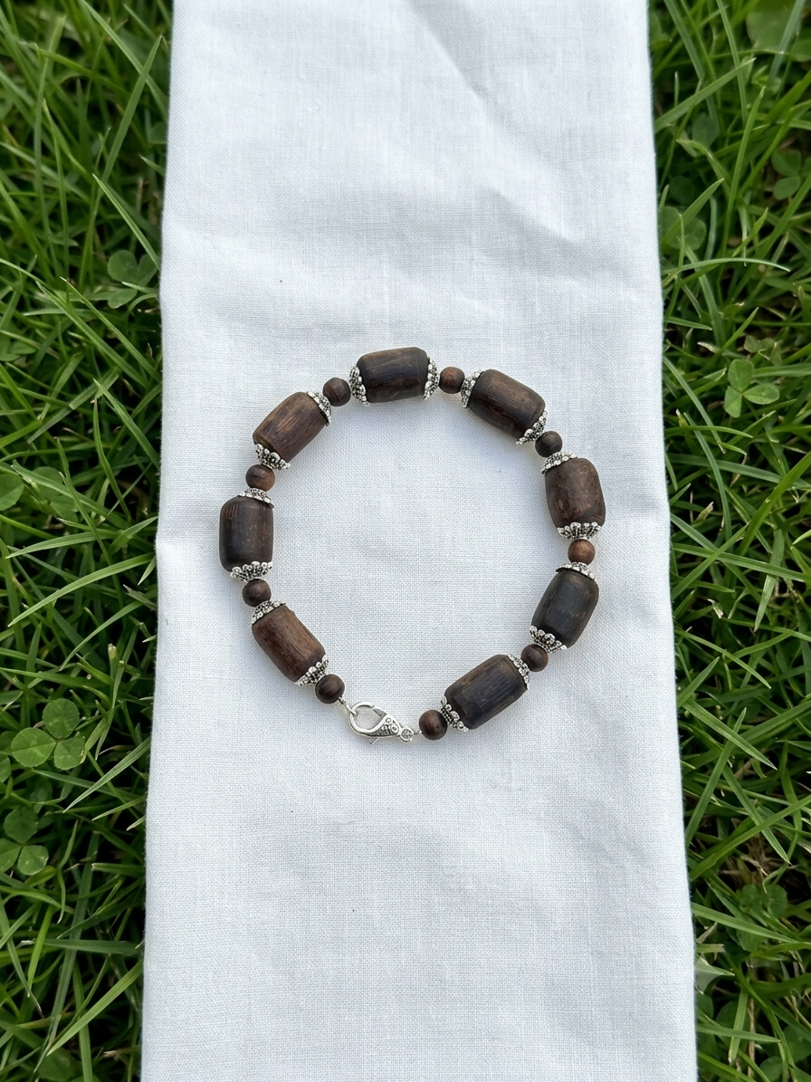 Tulsi Hand Bracelet Black Long Beads & German Silver Caps