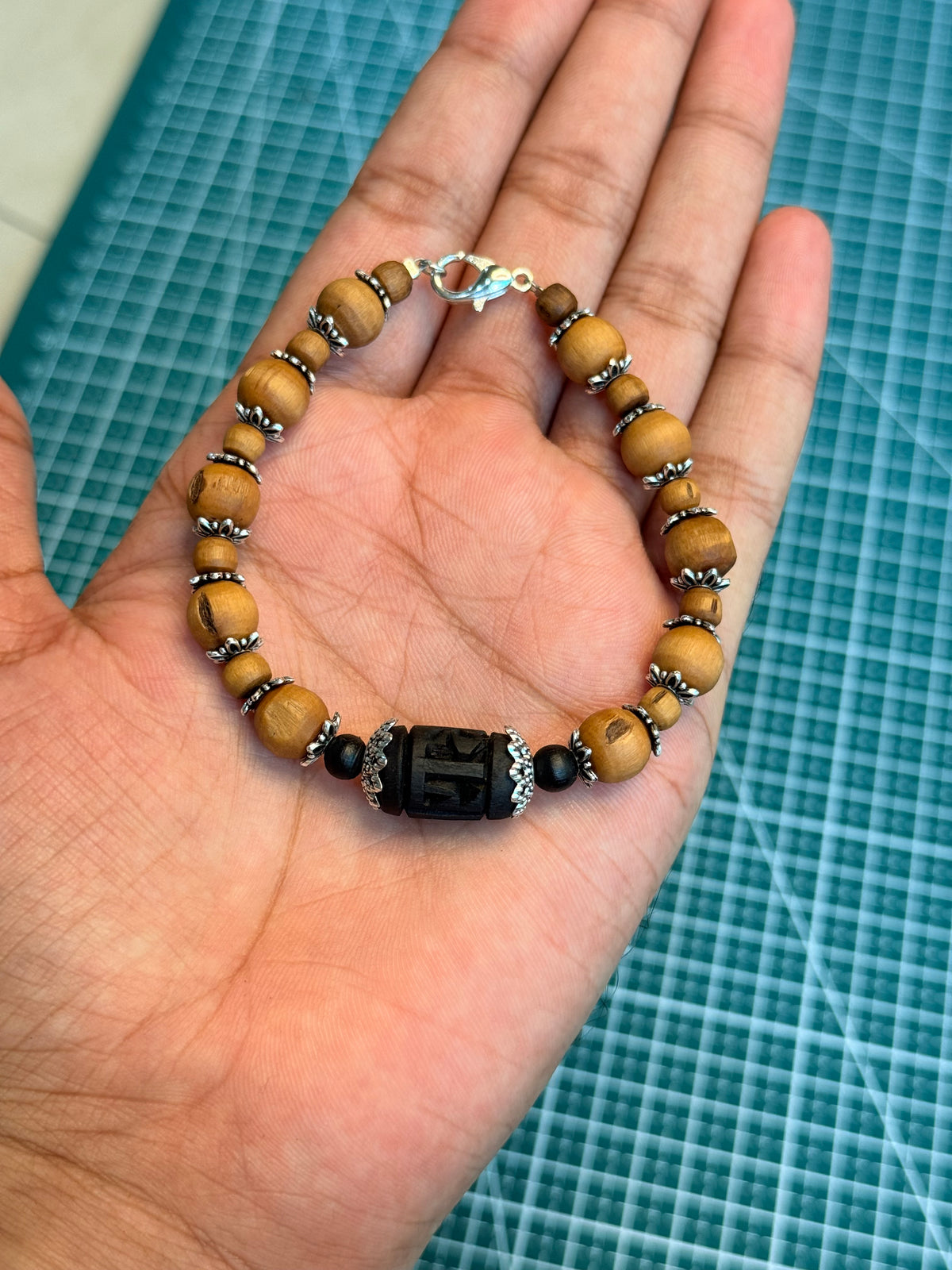 Tulsi Hand Bracelet Brown Round Beads & German Silver Caps