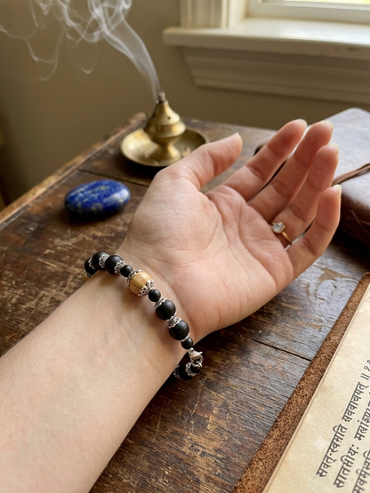 Tulsi Hand Bracelet Black Round Beads & German Silver caps