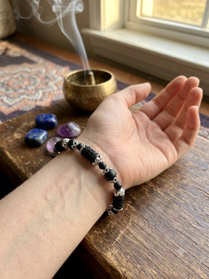 Tulsi Hand Bracelet Black Radha Beads & German Silver Caps