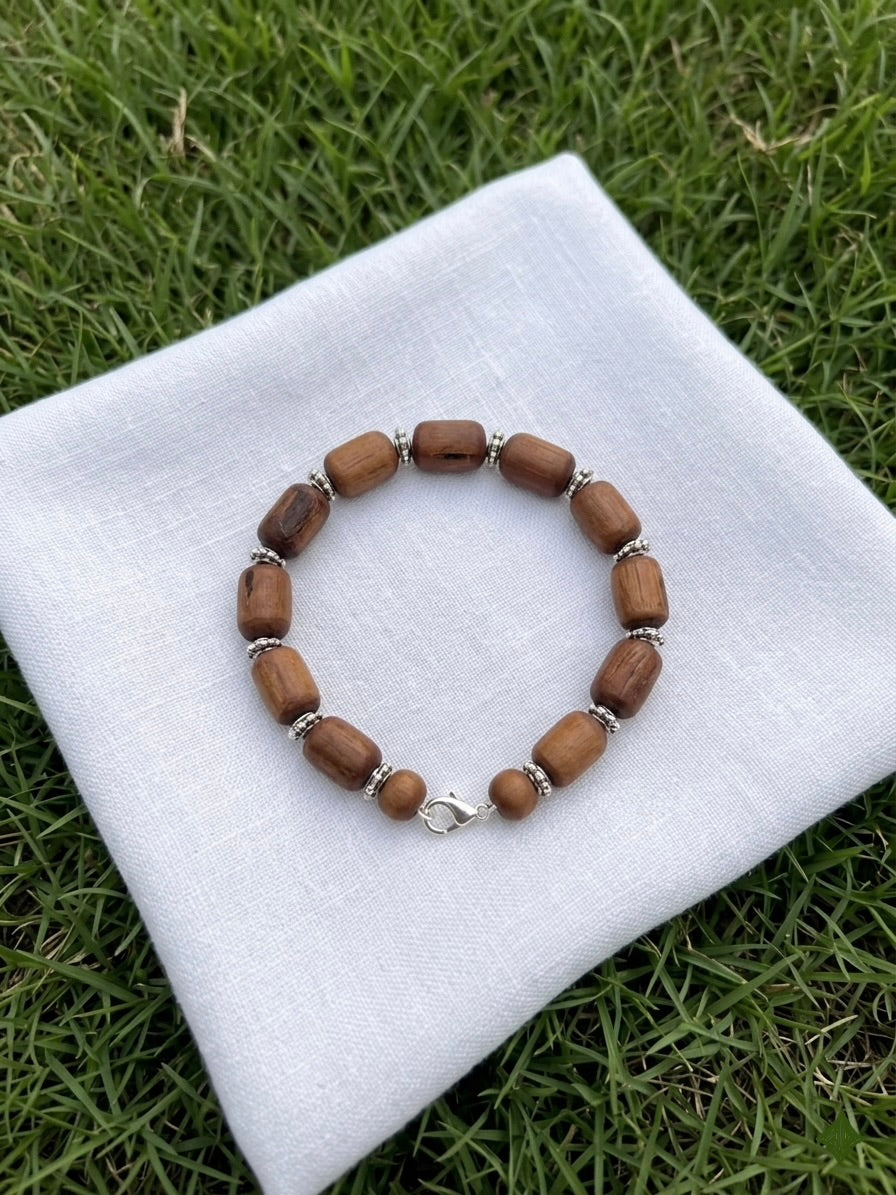 Tulsi Hand Bracelet Brown Long Beads with  German Silver Caps