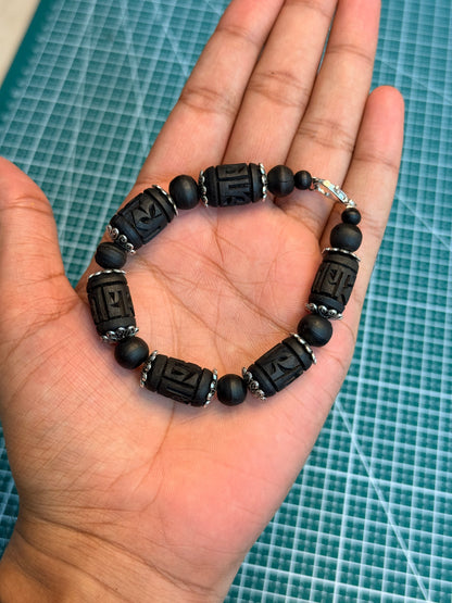 Tulsi Hand Bracelet Black Radha Beads & German Silver Caps