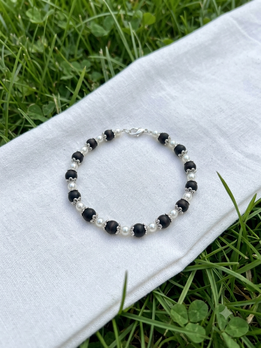 Tulsi Hand Bracelet Black Round Beads with German Silver Caps