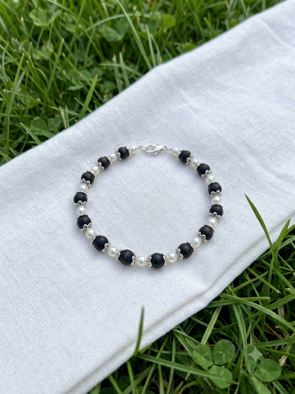 Tulsi Hand Bracelet Black Round Beads with German Silver Caps