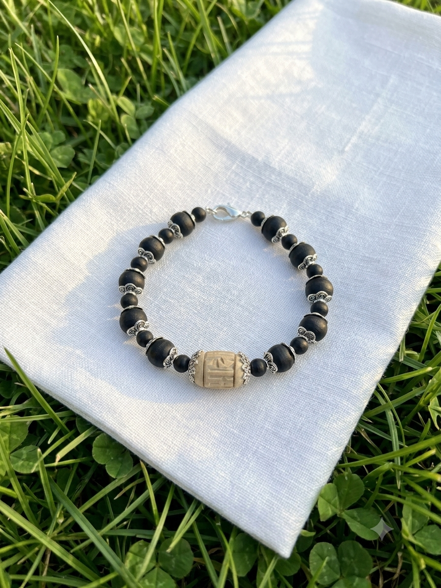 Tulsi Hand Bracelet Black Round Beads & German Silver Caps