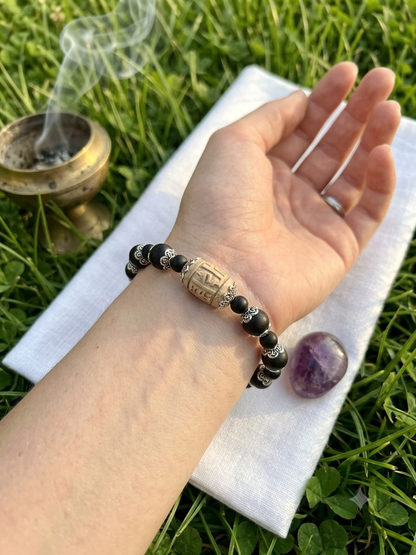 Tulsi Hand Bracelet Black Round Beads & German Silver Caps