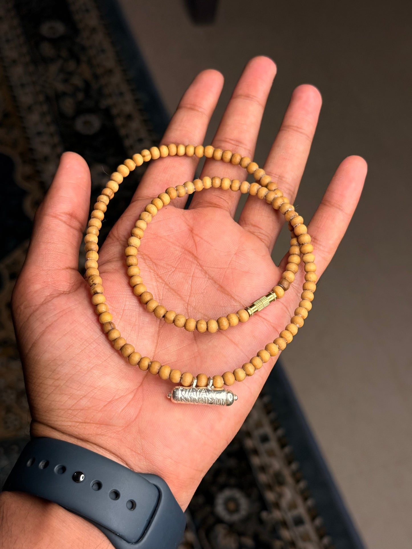 92.5 Silver Kavch With Brown Ghee Dip Tulsi Kanthi Mala Round Beads (18inch)