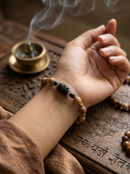 Tulsi Hand Bracelet Brown Round Beads & German Silver Caps