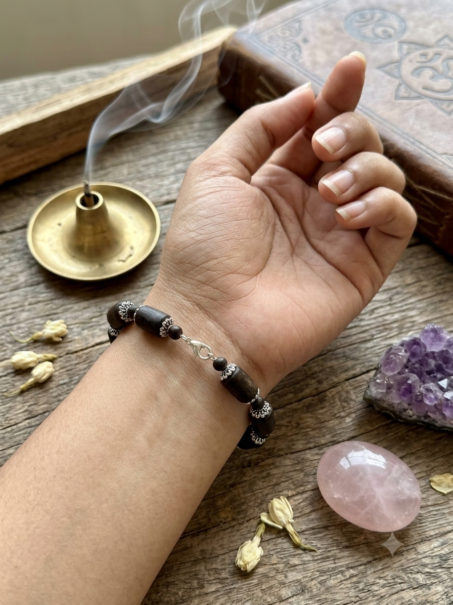 Tulsi Hand Bracelet Black Long Beads & German Silver Caps