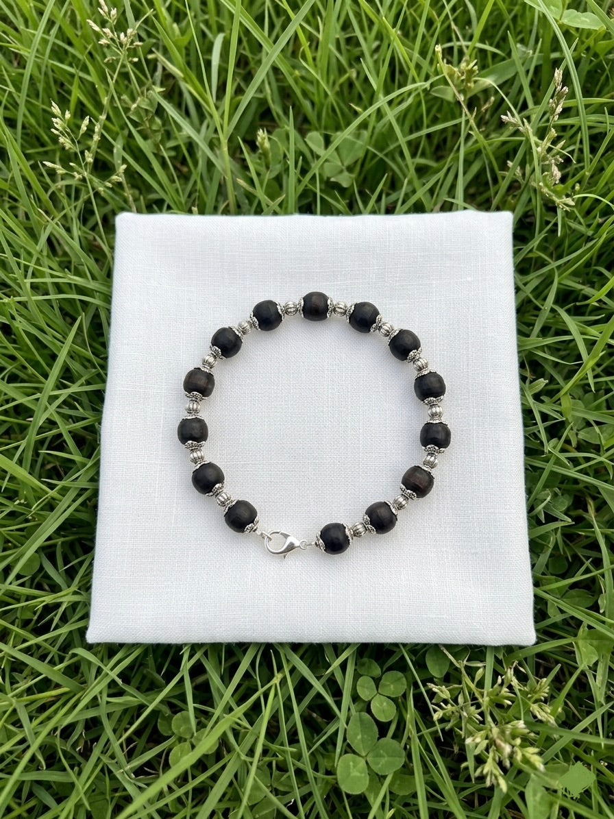 Black Round Tulsi Beads & German Silver Caps