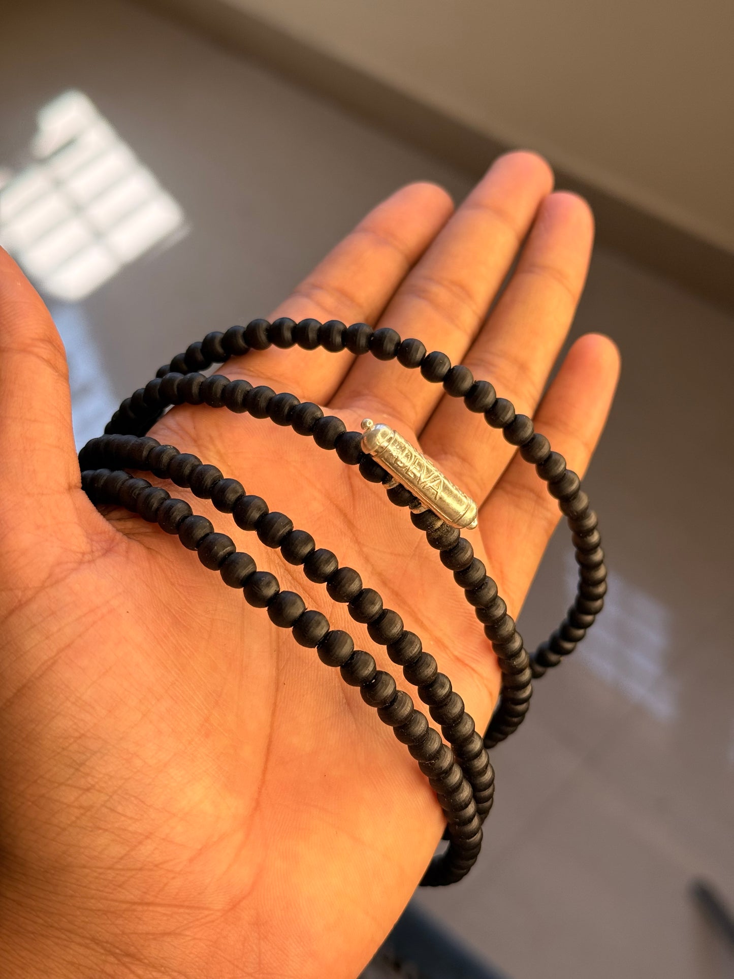 92.5 Silver Kavch Original Tulsi Kanthi Mala 3 Round Black Beads Kanthi Mala