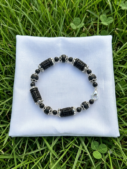 Tulsi Hand Bracelet Black Radha Beads & German Silver Caps