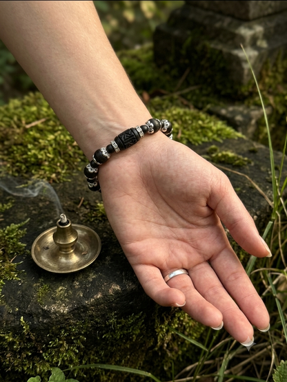 Tulsi Hand Bracelet Black Round Beads & German Silver Caps