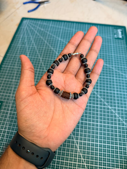 Tulsi Hand Bracelet Round Black Beads & German Silver Caps