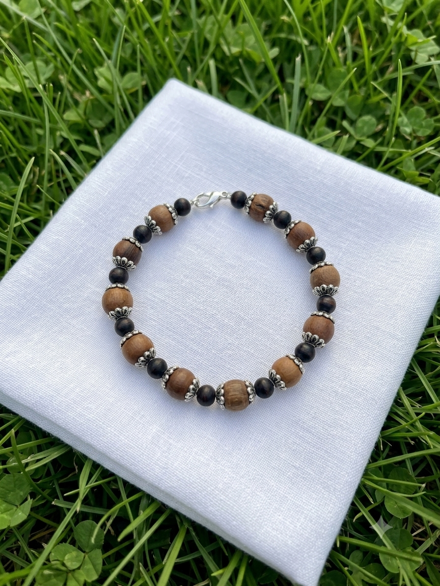 Tulsi Hand Bracelet Round Black Brown Beads & German Silver Caps