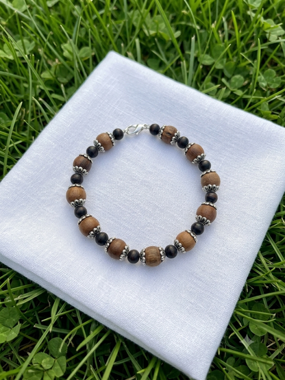 Tulsi Hand Bracelet Round Black Brown Beads & German Silver Caps