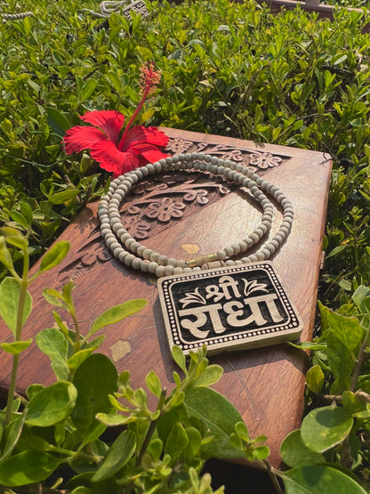 Shri Radha Tulsi Wood Locket Kanthi Mala – Original Tulsi Beads | 20 Inch Spiritual Necklace from Vrindavan