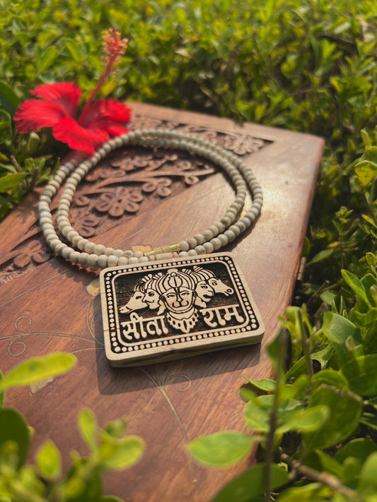 Hanuman Ji Tulsi Wood Locket Kanthi Mala – Original Tulsi Beads | 20 Inch Devotional Necklace from Vrindavan