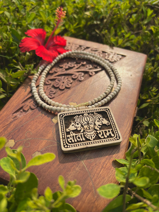 Hanuman Ji Tulsi Wood Locket Kanthi Mala – Original Tulsi Beads | 20 Inch Devotional Necklace from Vrindavan