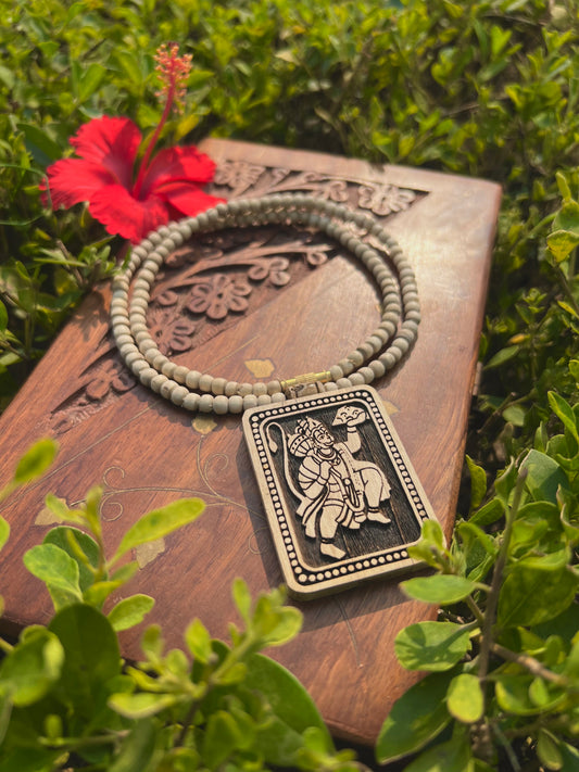 Hanuman Ji Tulsi Wood Locket Kanthi Mala – Original Tulsi Beads | 20 Inch Devotional Necklace from Vrindavan