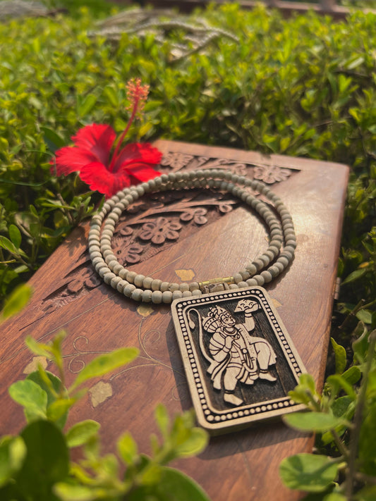 Hanuman Ji Tulsi Wood Locket Kanthi Mala – Original Tulsi Beads | 20 Inch Devotional Necklace from Vrindavan