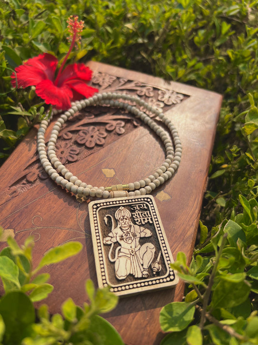 Hanuman Ji Tulsi Wood Locket Kanthi Mala – Original Tulsi Beads | 20 Inch Devotional Necklace from Vrindavan