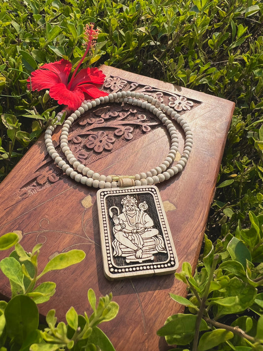 Hanuman Ji Tulsi Wood Locket Kanthi Mala – Original Tulsi Beads | 20 Inch Devotional Necklace from Vrindavan