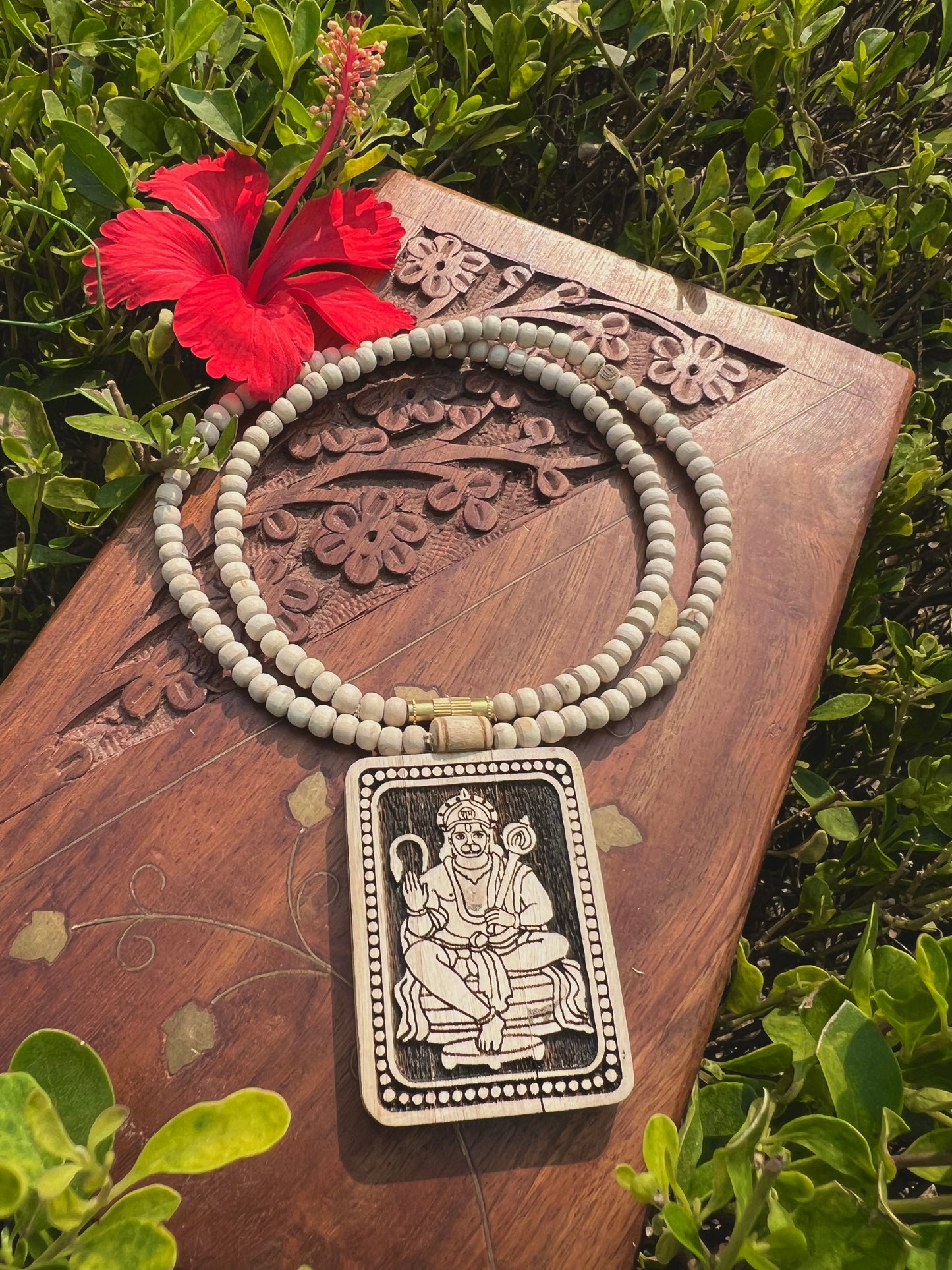 Hanuman Ji Tulsi Wood Locket Kanthi Mala – Original Tulsi Beads | 20 Inch Devotional Necklace from Vrindavan