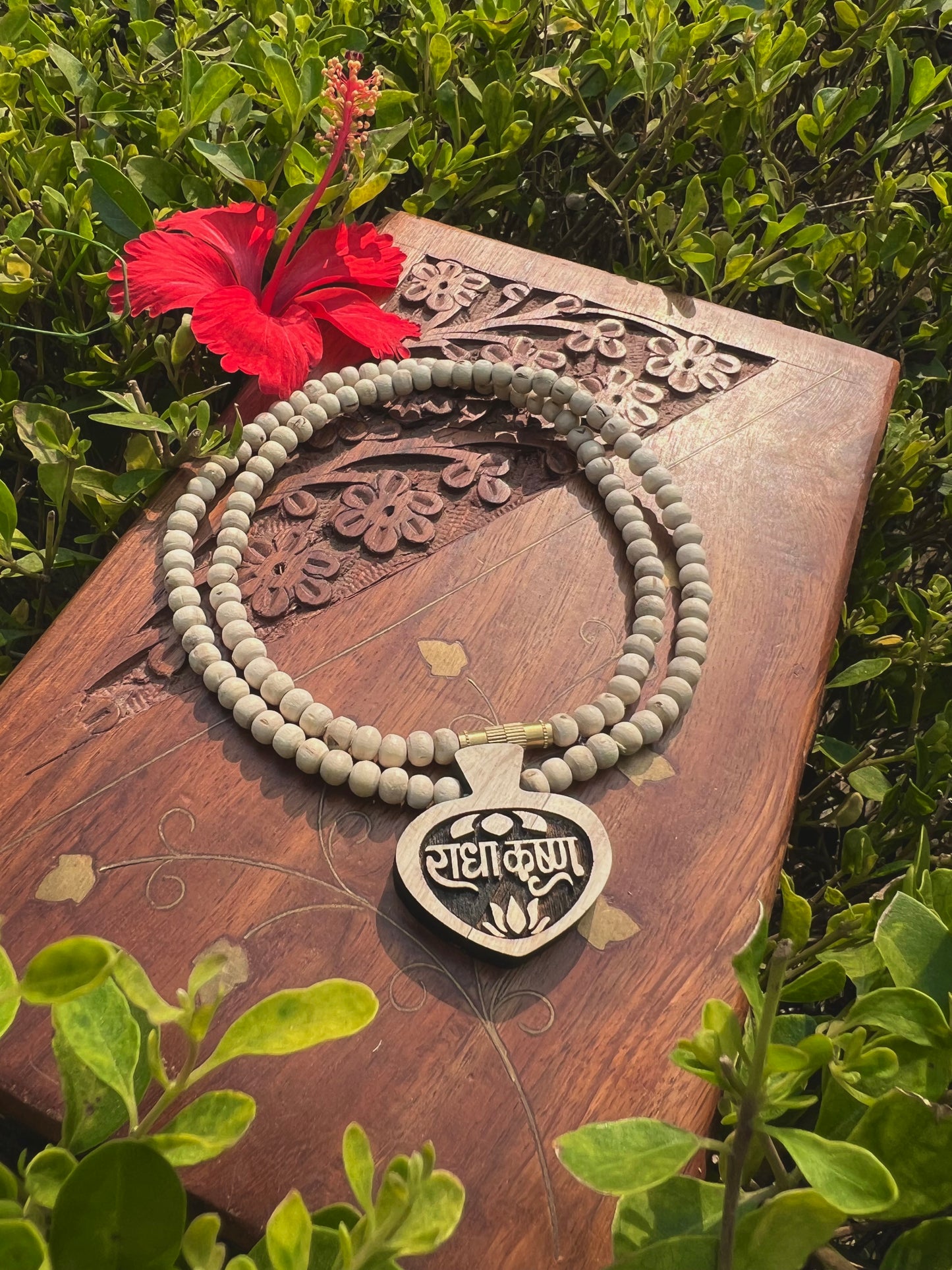 Shri Radha Krishna Tulsi Wood Locket Kanthi Mala – Original Tulsi Beads | 20 Inch Spiritual Necklace from Vrindavan