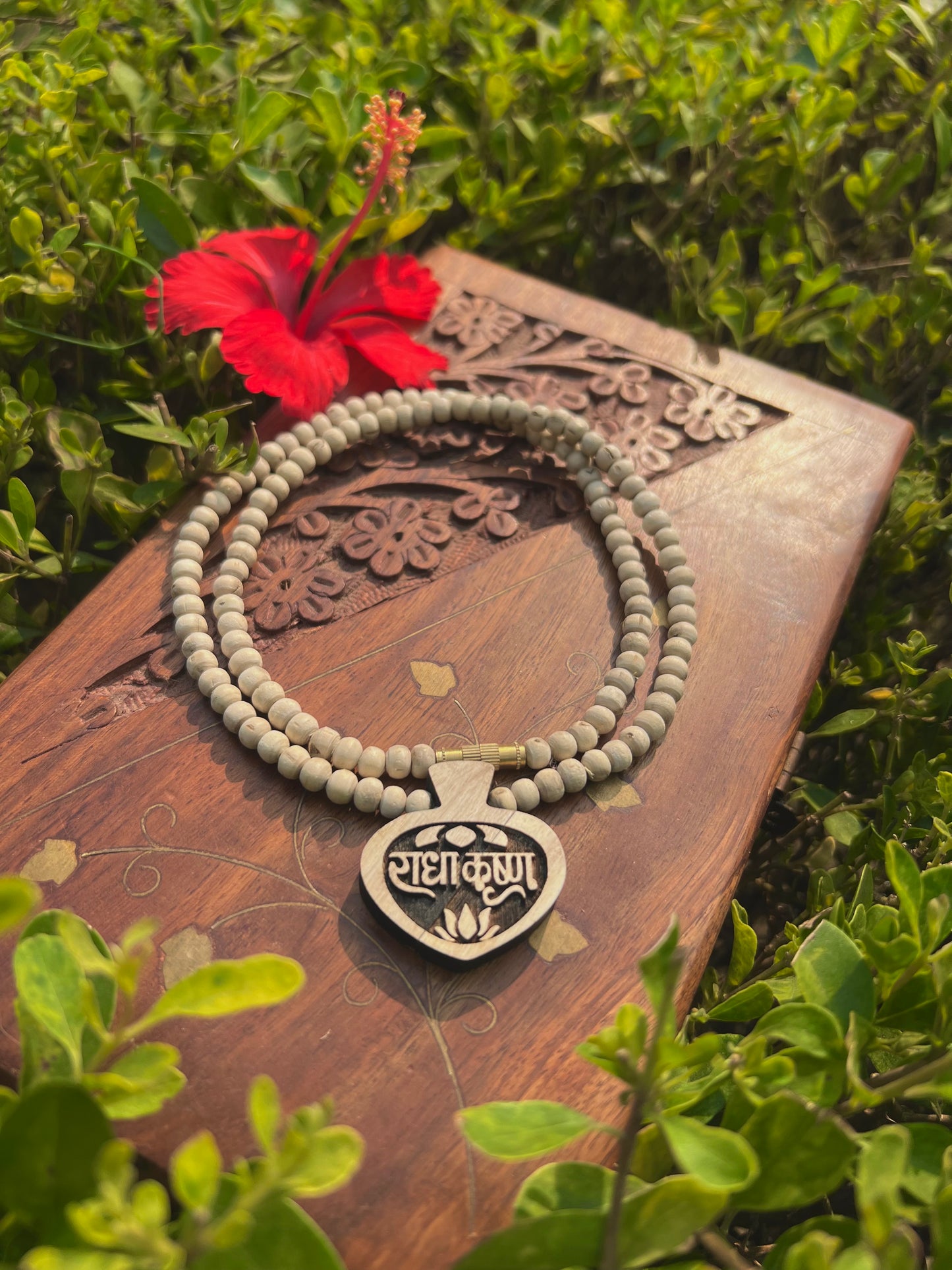 Shri Radha Krishna Tulsi Wood Locket Kanthi Mala – Original Tulsi Beads | 20 Inch Spiritual Necklace from Vrindavan